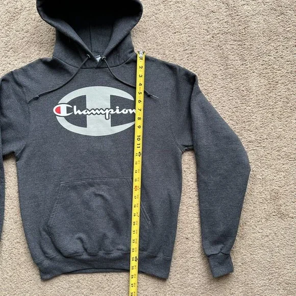 Champion Sweatshirt Mens Small Grey Hoodie Pockets Logo Spellout - Picture 6 of 12